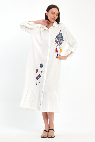 bacc Women's White Embroidered Long Length Woven Dress Bcvl- 241022   Large Size Comfortable Fit
