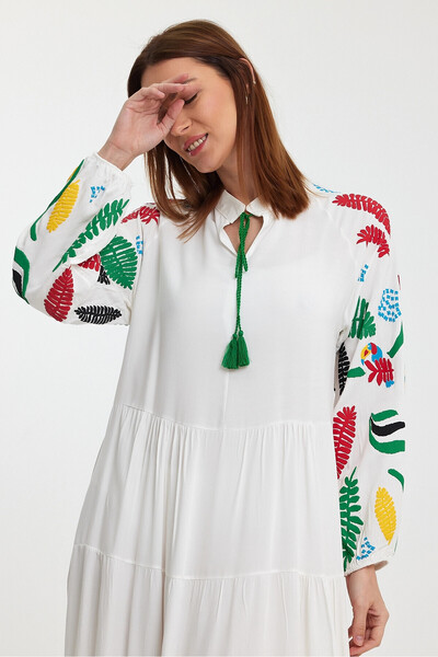 bacc White Embroidered Long Woven Women's Dress - Tie-Up Collar Bcvl-241027
