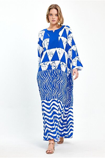bacc Μπλε γεωμετρικό υφαντό φόρεμα - λαιμόκοψη, μακρύ μήκος, χαλαρή εφαρμογή Bcvl- 241058