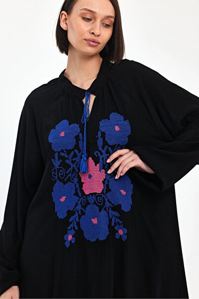 bacc Black Embroidery Detailed High Collar Long Women's Dress - Bcvl-241036