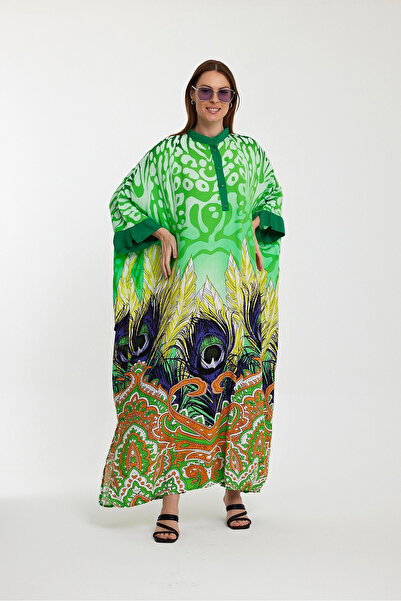 bacc Green Patterned High Collar Buttoned Long Women's Dress - Bcvl-241037