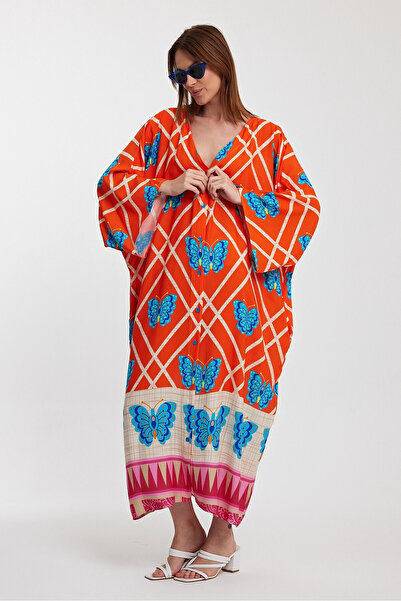 bacc Orange Floral Patterned V-Neck Long Shirt Dress - Bcvl-241032