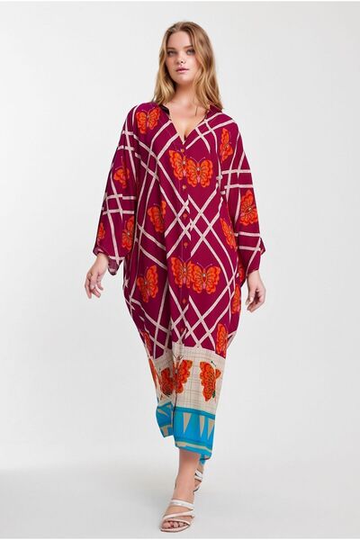 bacc Fuchsia V-Neck Floral Long Shirt Dress - Bcvl-241032