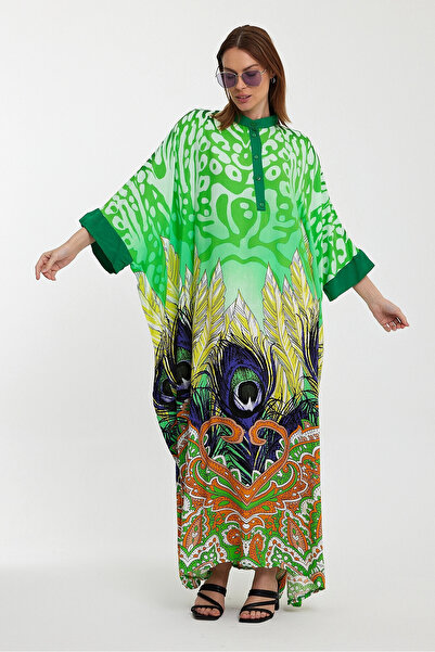 bacc Green Patterned High Collar Buttoned Long Women's Dress - Bcvl-241037