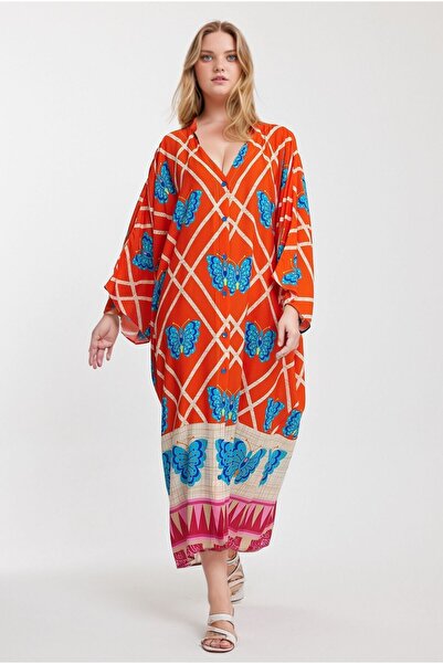 bacc Orange Floral Patterned V-Neck Long Shirt Dress - Bcvl-241032