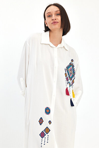 bacc Women's White Embroidered Long Length Woven Dress Bcvl- 241022   Large Size Comfortable Fit