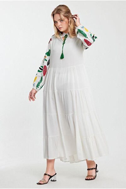 bacc White Embroidered Long Woven Women's Dress - Tie-Up Collar Bcvl-241027