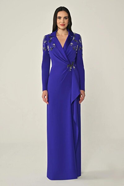 ALFABETA Uzun Kollu Yakası ve Beli Aksesuarlı Uzun Krep Abiye Elbise