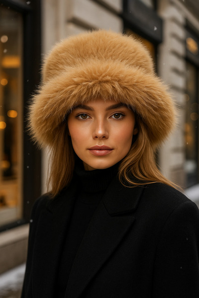 Luminos Butik Регулируема плюшена шапка със сърце - Camel Bucket Beanie Spk1142