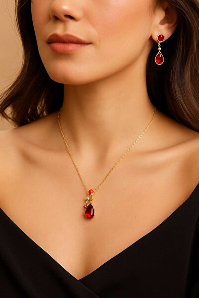 Şirin 3'lü Zarif Gül ve Su Damlası Taşlı Kolye & Küpe Seti