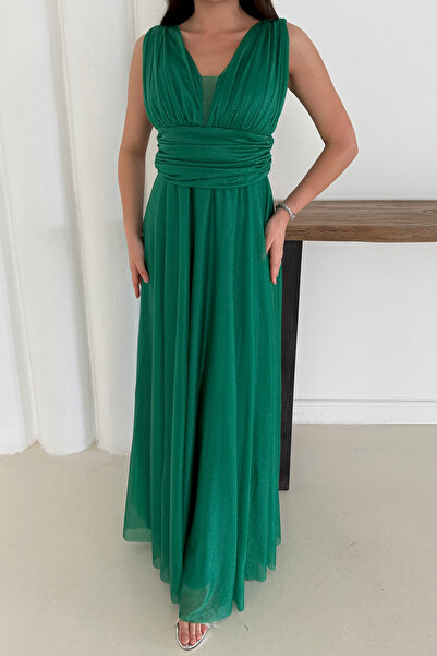 Neşeli Butik Women's Emerald Green Silvery Plus Size Evening Dress Rys9223