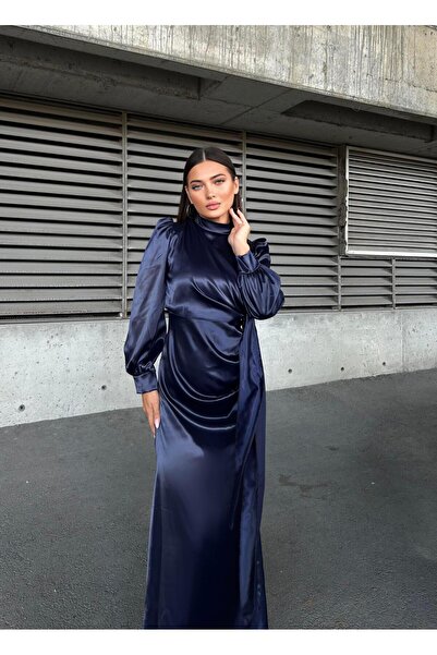 Suedcollection Βραδινό Σατέν Φόρεμα με Πλαϊνή Πέτα Λεπτομέρεια Σκούρο Μπλε 583236