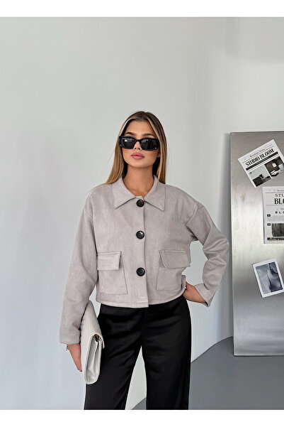 BEJNA Γυναικείο ελαστικό μπουφάν με γκρι κουμπιά από ψεύτικο σουέτ