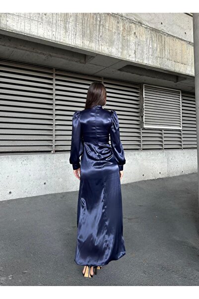 Suedcollection Βραδινό Σατέν Φόρεμα με Πλαϊνή Πέτα Λεπτομέρεια Σκούρο Μπλε 583236