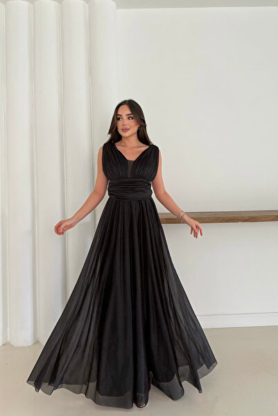 Neşeli Butik Women Black Silvery Plus Size Evening Dress Rys9223