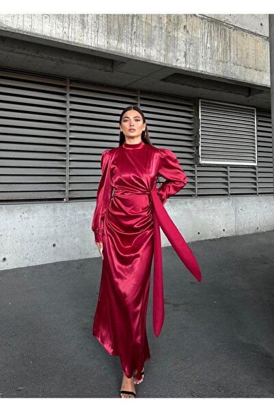 Suedcollection Side Tie Pleat Detailed Satin Evening Dress Red 583236