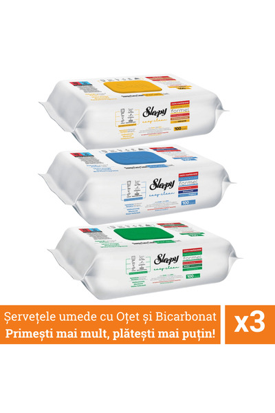 Sleepy Promo balení - 3x100 vlhčených ubrousků s octem a jedlou sodou + kartáčky na čištění lahví