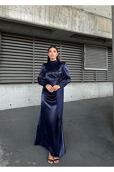 Suedcollection Βραδινό Σατέν Φόρεμα με Πλαϊνή Πέτα Λεπτομέρεια Σκούρο Μπλε 583236