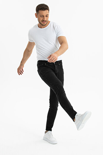 OneZero بنطلون جينز رجالي أسود اللون ضيق وملائم للجسم مع أزرار من الليكرا