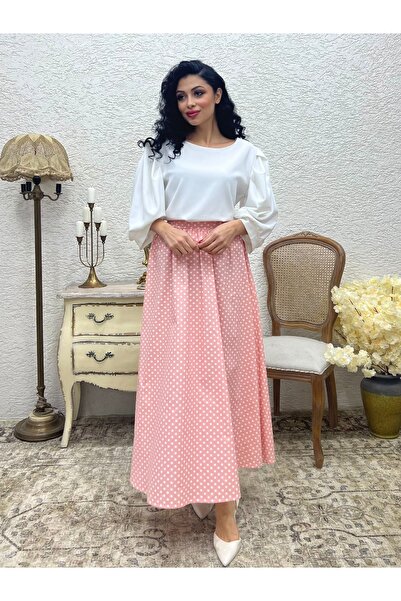 KÜÇÜĞÜM BUTİK Fusta din popelin evazată de culoare pudra cu buline