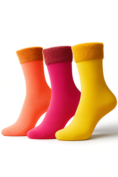 Hakan Tekstil 3'lü Paket Renkli Peluş Detaylı Kışlık Soket Çorap Seti