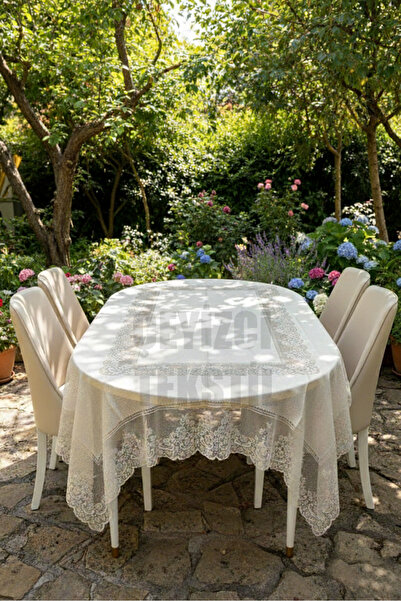 Çt Çeyizci Tekstil Ecru Patterned Laceless and Handle-Free Lace Tablecloth