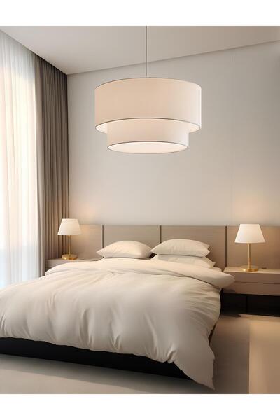 burenze Modern Tasarım 1 Adet Sarkıt Avize Ve 2’li Abajur Seti Krem Kumaş Esk...