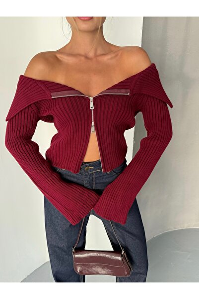 BEJNA Women's Double Zipper Madonna Collar Ribbed Knit Cardigan