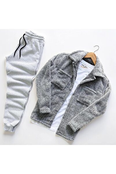 Fifty Color Unisex Plush Gray Jacket And Gray Tracksuit Combination Bottom Top