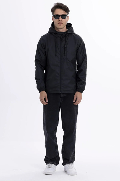 D1fference Erkek Siyah Astarlı Rüzgar Geçirmez Kapüşonlu Cepli Yağmurluk - Rü...