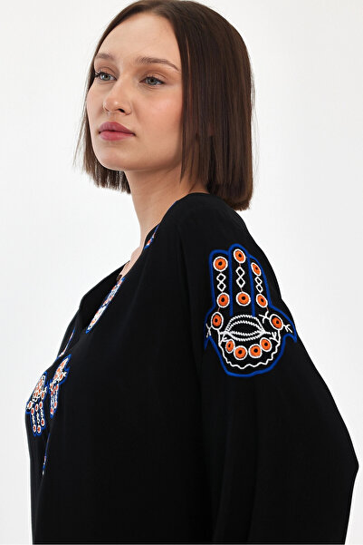 bacc Γυναικείο φόρεμα μάξι με μαύρο κέντημα υφαντό βισκόζη Bcvl-251044