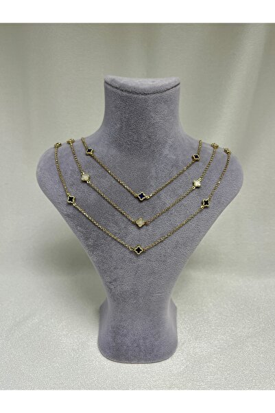 Side Gold Kuyumculuk 14 Ayar Sarı Altın 7 Yoncalı Kolye (Siyah, Beyaz, Yeşil, Pembe, Kırmızı, Lacivert, Turkuaz)