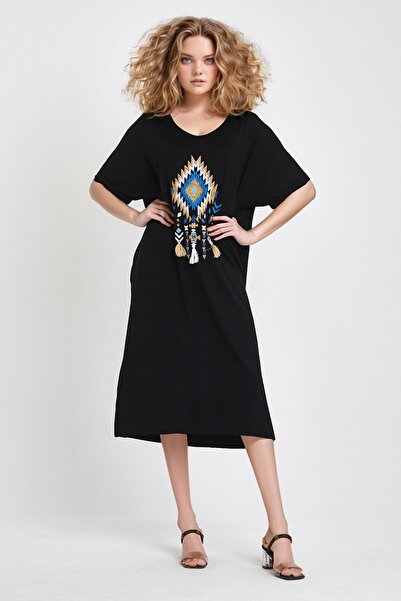 bacc Γυναικείο φόρεμα μάξι με μαύρο κέντημα πλεκτό βισκόζη Bcvl-251024