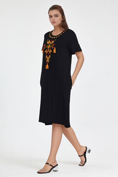 bacc Rochie de damă maxi lungime, negru portocaliu, brodată, tricotată, din v...