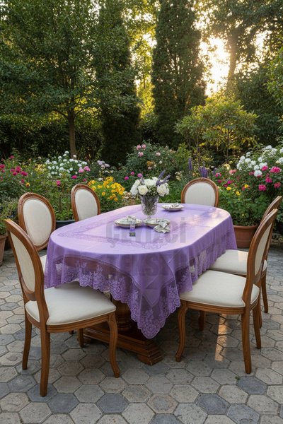 Çt Çeyizci Tekstil Скатертина з фіолетовим візерунком, без плям і з мереживом