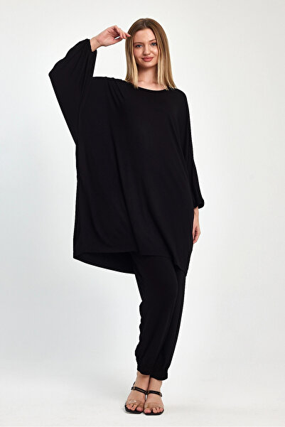 bacc Women's Maxi Length Black Tunic and Pants Knitted Viscon Top and Bottom Set Bcvl-251029