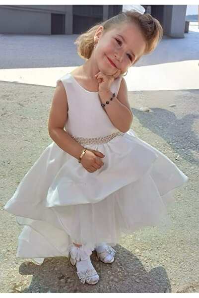 İlknur Karaca Design Λευκό κοριτσίστικο φόρεμα γενεθλίων γάμου ειδικής περίστασης με ουρά στην πλάτη