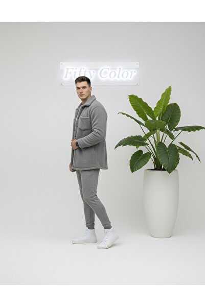 Fifty Color Unisex Plush Gray Jacket And Gray Tracksuit Combination Bottom Top