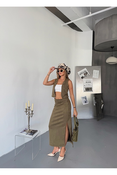 BEJNA Fusta lungă elastică cu fante din piele artificială kaki pentru femei