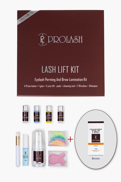Prolash مجموعة رفع الرموش ومجموعة تصفيح الحواجب وصبغة رموش الحواجب البنية - مع لاصق خاص