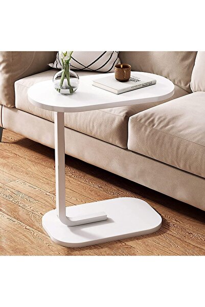 Crestj Modern Coffee Table | C-Shaped Side Table with White Wood Top and White Metal Frame