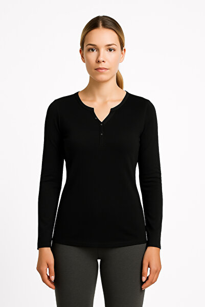 Cottonland Women's Rihanna O-Neck Placketed 1X1 Flexible Ribbed Long Sleeve Thin Combed Cotton T-Shirt Black