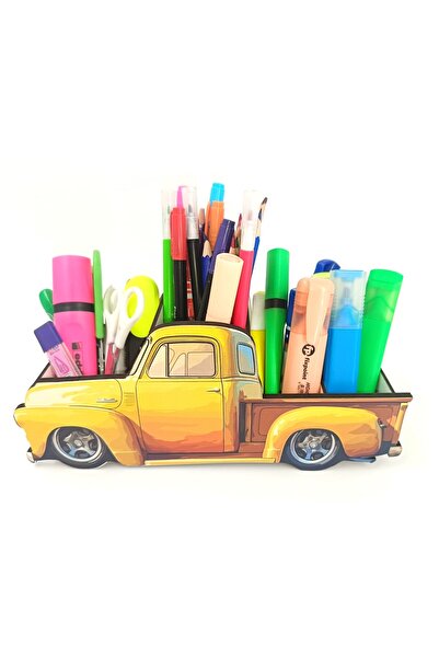 TuraLazerKesim حامل أقلام مكتبي خشبي أصفر اللون على شكل شاحنة شيفروليه الصغير...