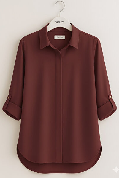 Hanezza Büyük Beden Kadın Abiye Jesica Kumaş Bordo Katlama Kol Gömlek