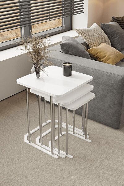 home plus mobilya 3' Lü Kare Zigon Sehpa Gümüş Ayak Beyaz 18 mm Mdf