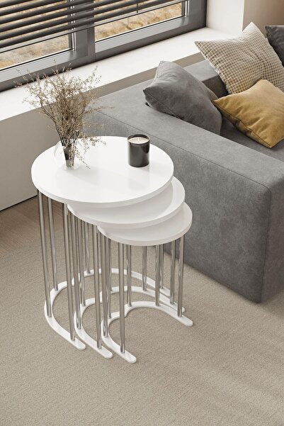 home plus mobilya 3' Lü Zigon Sehpa Gümüş Ayak Beyaz 18 mm Mdf