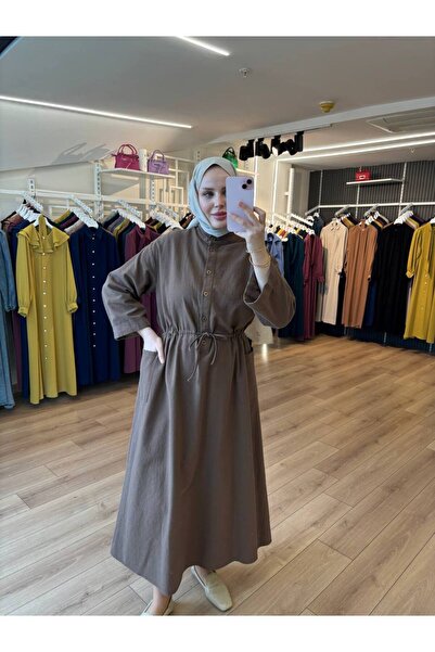 OlaLady Women's Cotton Linen Hijab Dress with Side Pockets and Button Front - Extra Wide Fit