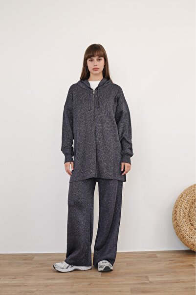 Molly Nelly Women's Glitter Mercerized Knitwear Cardigan Set with Trousers