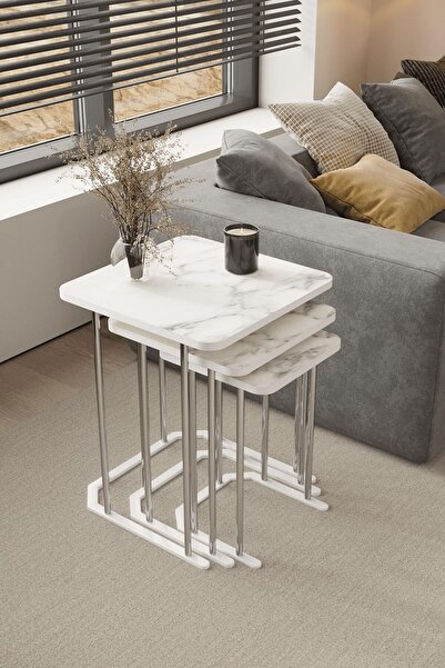 home plus mobilya 3' Lü Kare Zigon Sehpa Gümüş Ayak Beyaz Mermer Desen 18 mm Mdf