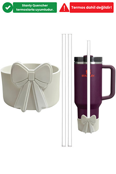 Yenigeldi Stnly Quencher 40/30oz Compatible White Bowknot Silicone Thermos Bottle Protector 2 Pieces 30cm Tritan Straws